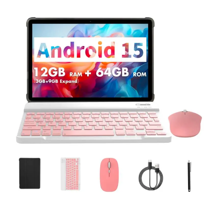 10in Back To School Android15 Tablet, 16GB(4+12)/64GB Grey+Pink Set