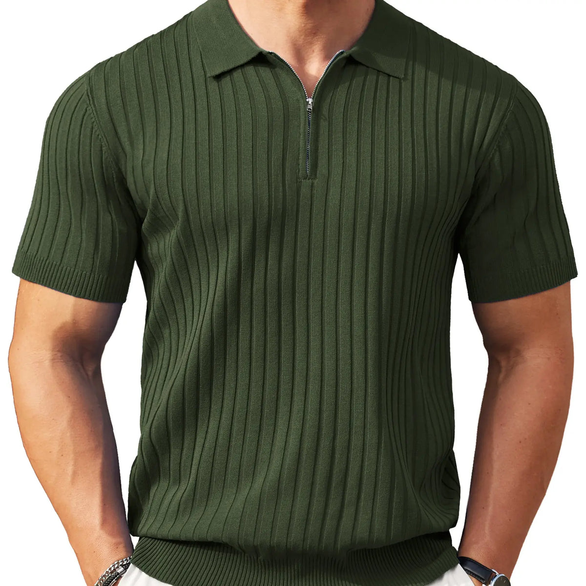 COOFANDY Ribbed Zipper Polo Shirt for Men, Short Sleeve