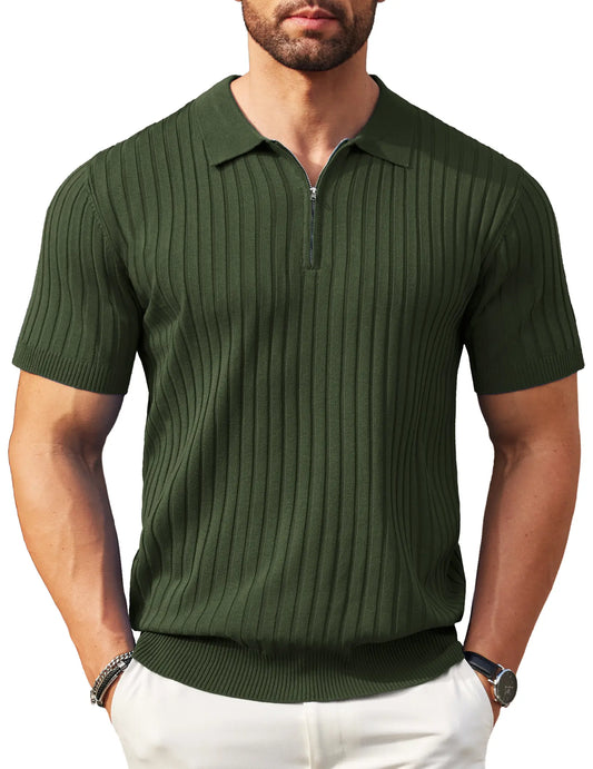 COOFANDY Ribbed Zipper Polo Shirt for Men, Short Sleeve
