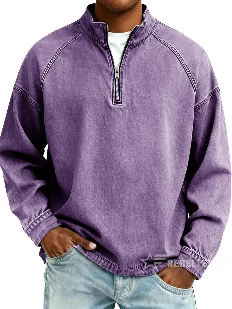 Men's Solid-Color Distressed Half-Zip Sweatshirt