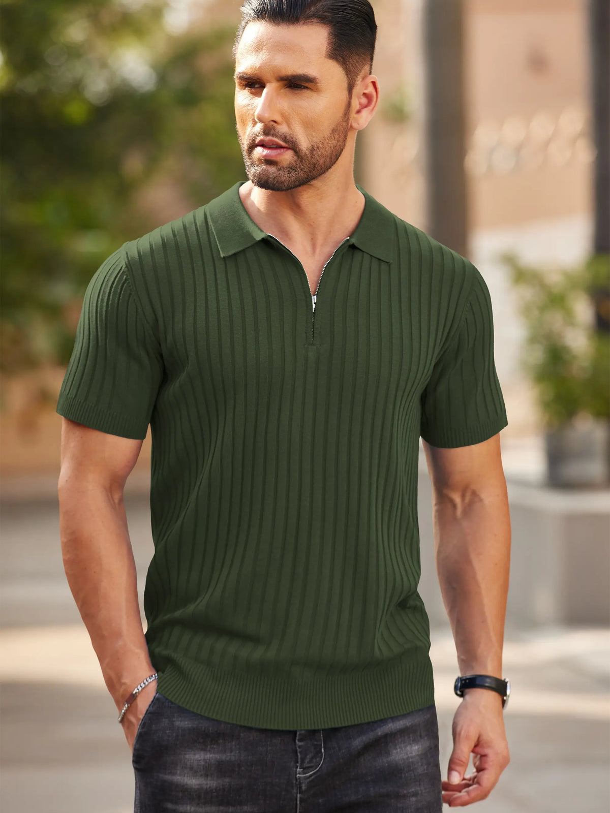 COOFANDY Ribbed Zipper Polo Shirt for Men, Short Sleeve