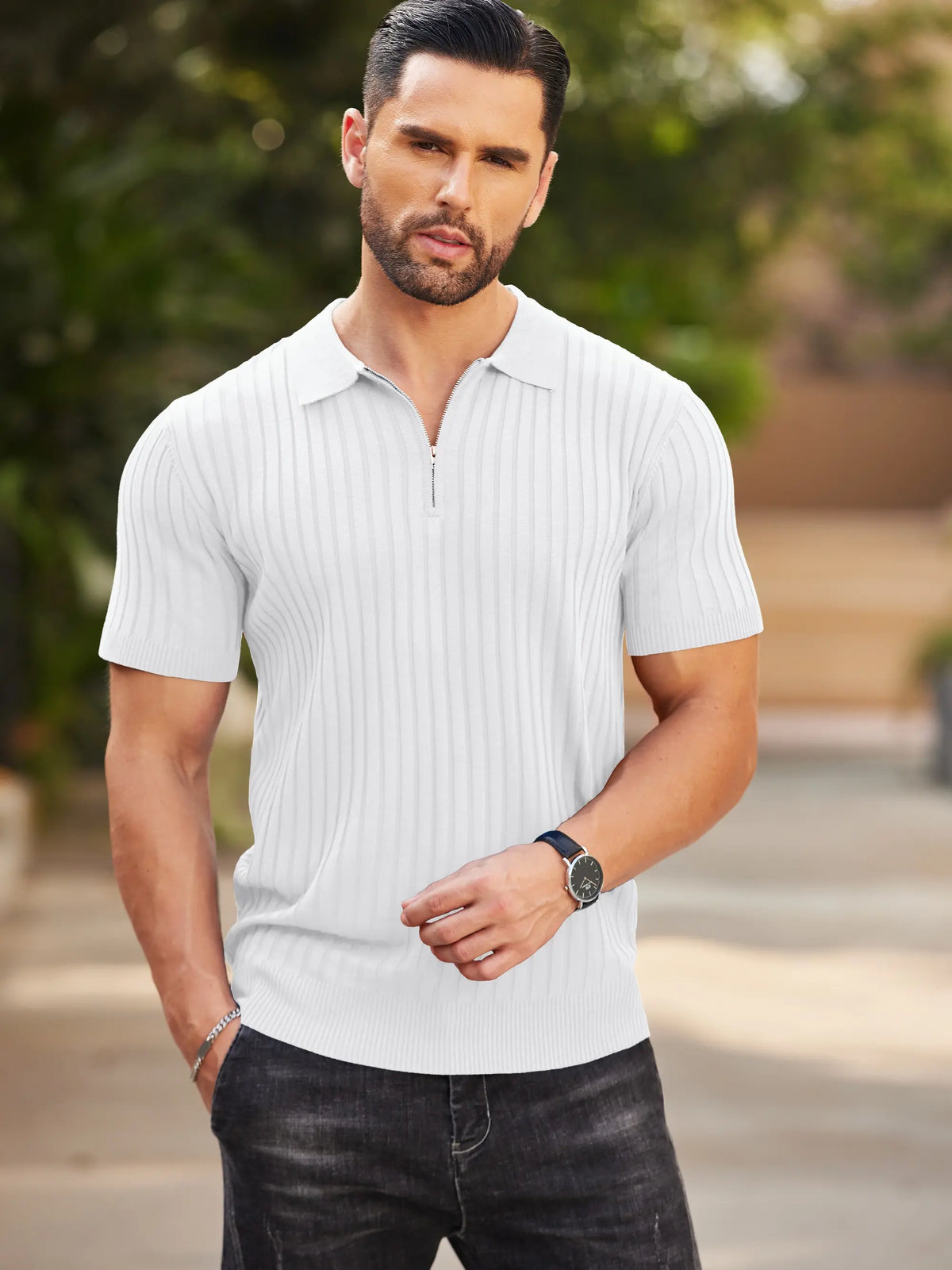 COOFANDY Ribbed Zipper Polo Shirt for Men, Short Sleeve