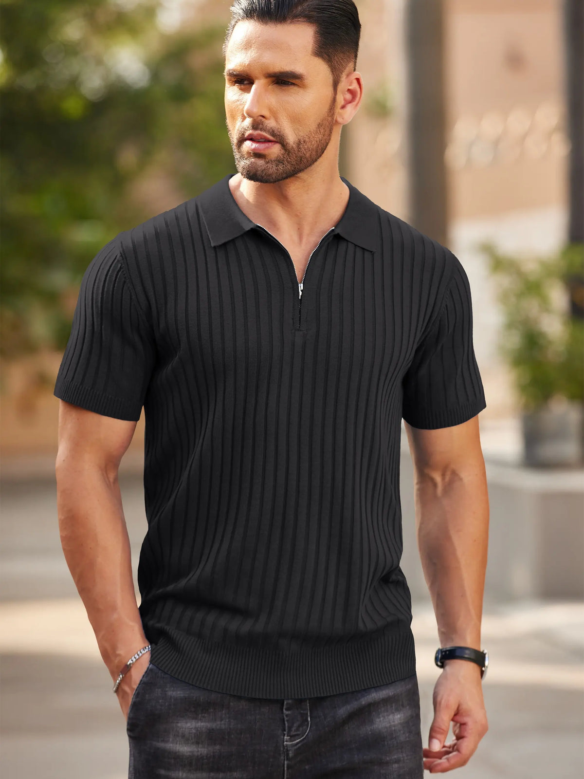 COOFANDY Ribbed Zipper Polo Shirt for Men, Short Sleeve