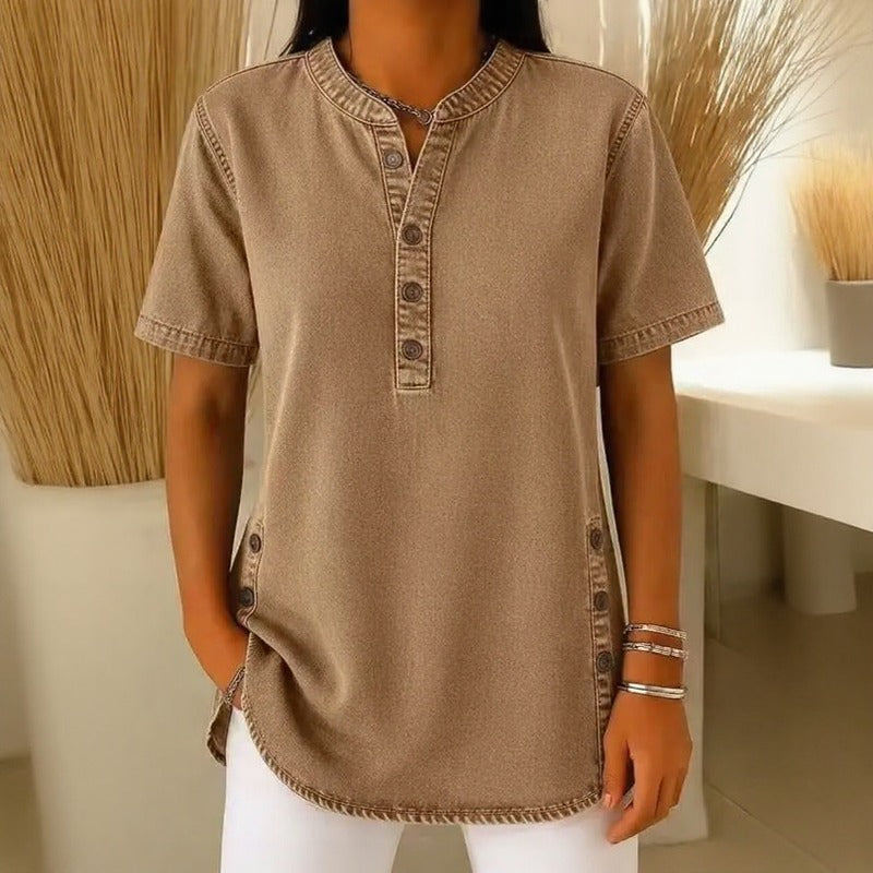 Calenny Denim Blouse with Acid-Wash Finish and Loose Fit