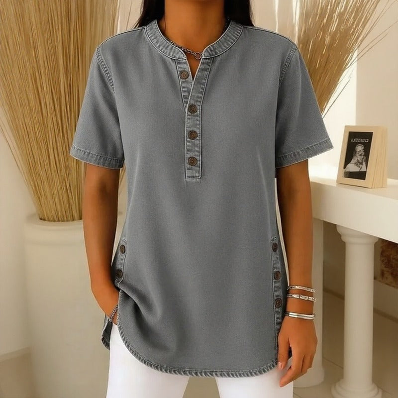 Calenny Denim Blouse with Acid-Wash Finish and Loose Fit