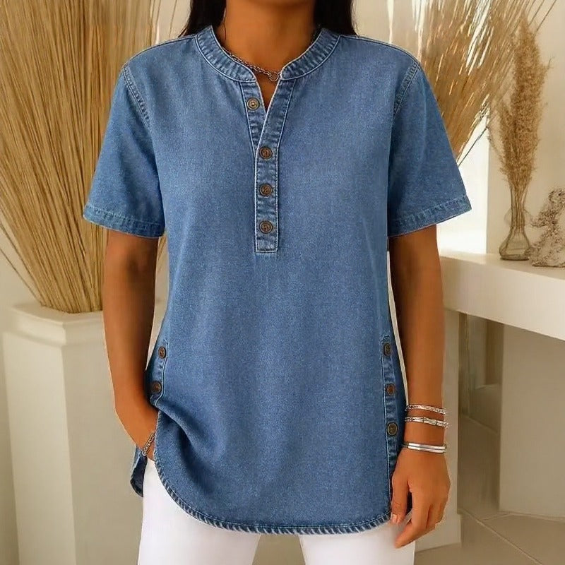 Calenny Denim Blouse with Acid-Wash Finish and Loose Fit