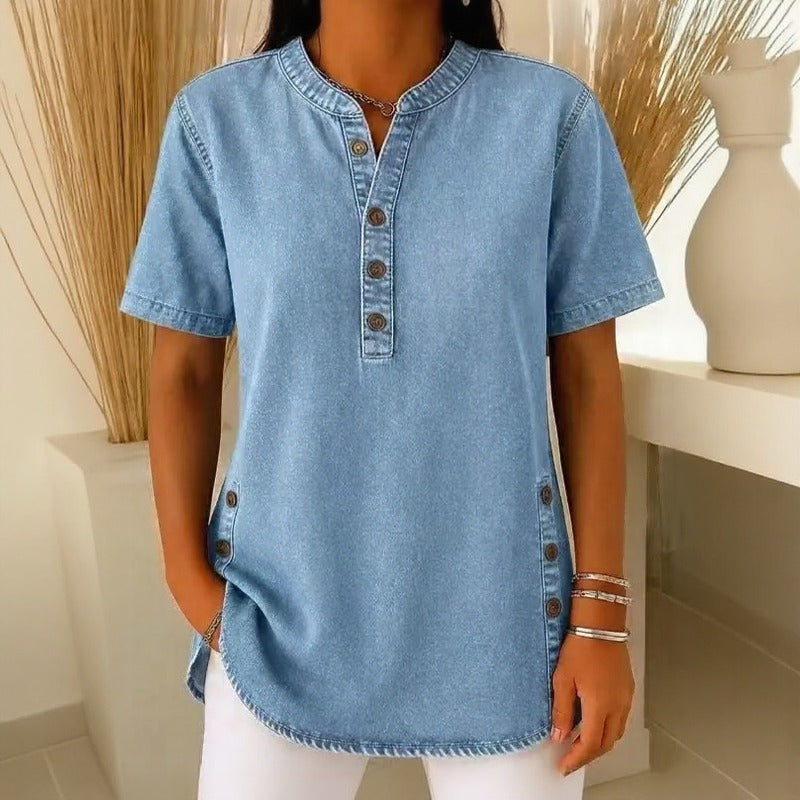 Calenny Denim Blouse with Acid-Wash Finish and Loose Fit