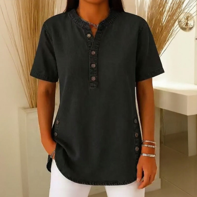 Calenny Denim Blouse with Acid-Wash Finish and Loose Fit