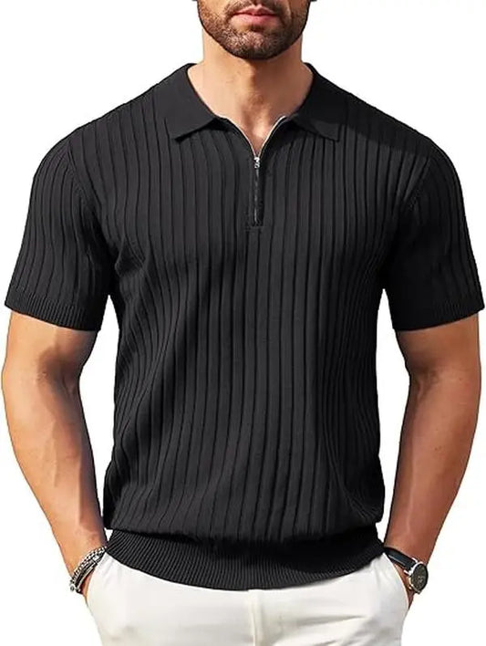 COOFANDY Ribbed Zipper Polo Shirt for Men, Short Sleeve