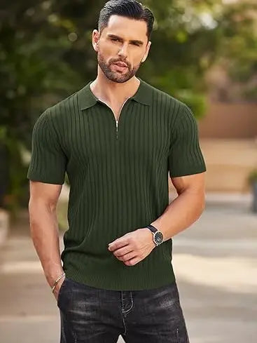 COOFANDY Ribbed Zipper Polo Shirt for Men, Short Sleeve