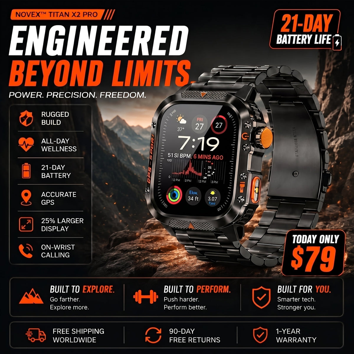 Novex™ Titan X2 Pro - Rugged GPS Smartwatch