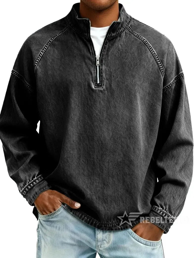 Men's Solid-Color Distressed Half-Zip Sweatshirt