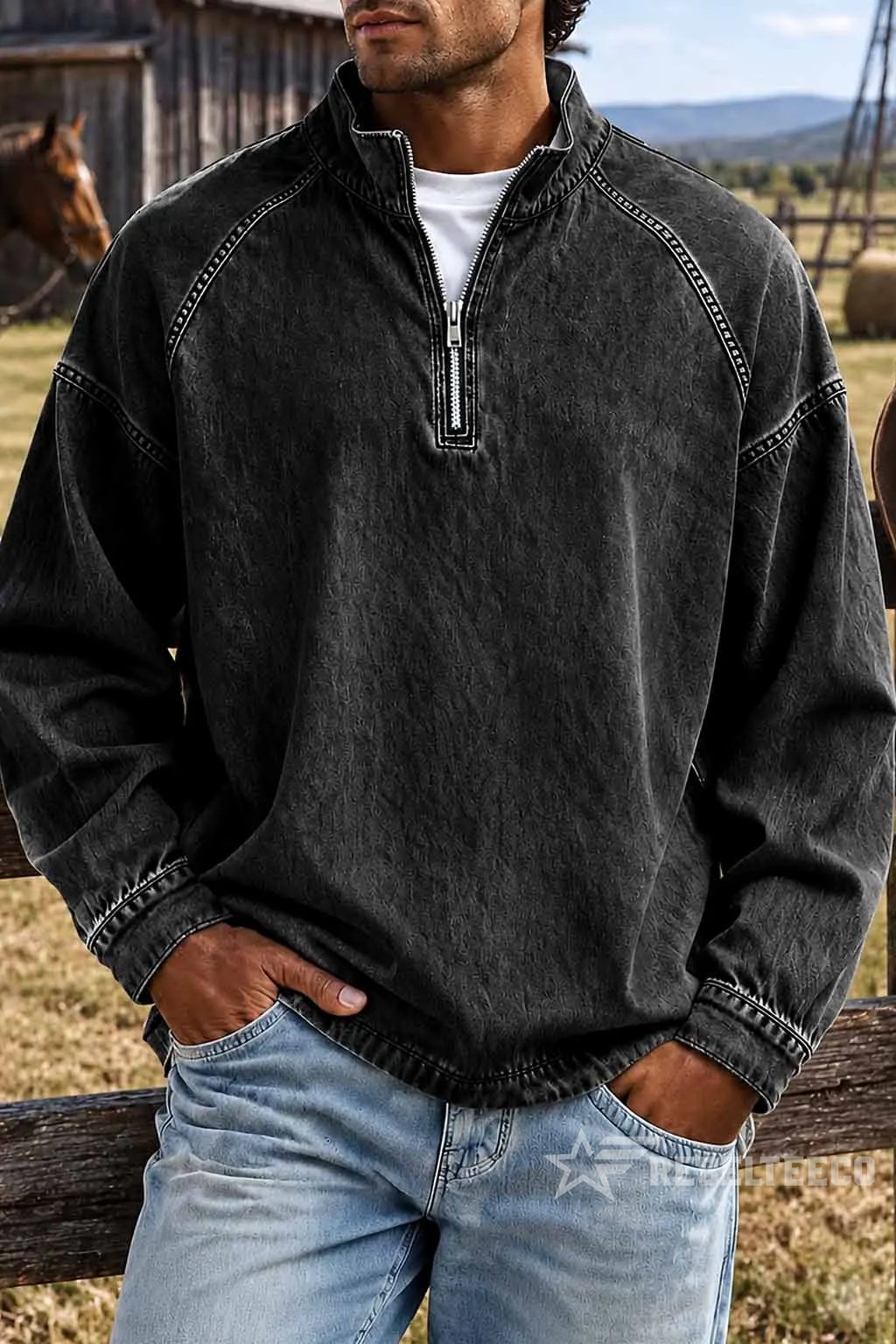 Men's Solid-Color Distressed Half-Zip Sweatshirt