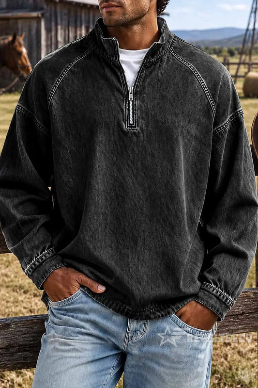 Men's Solid-Color Distressed Half-Zip Sweatshirt