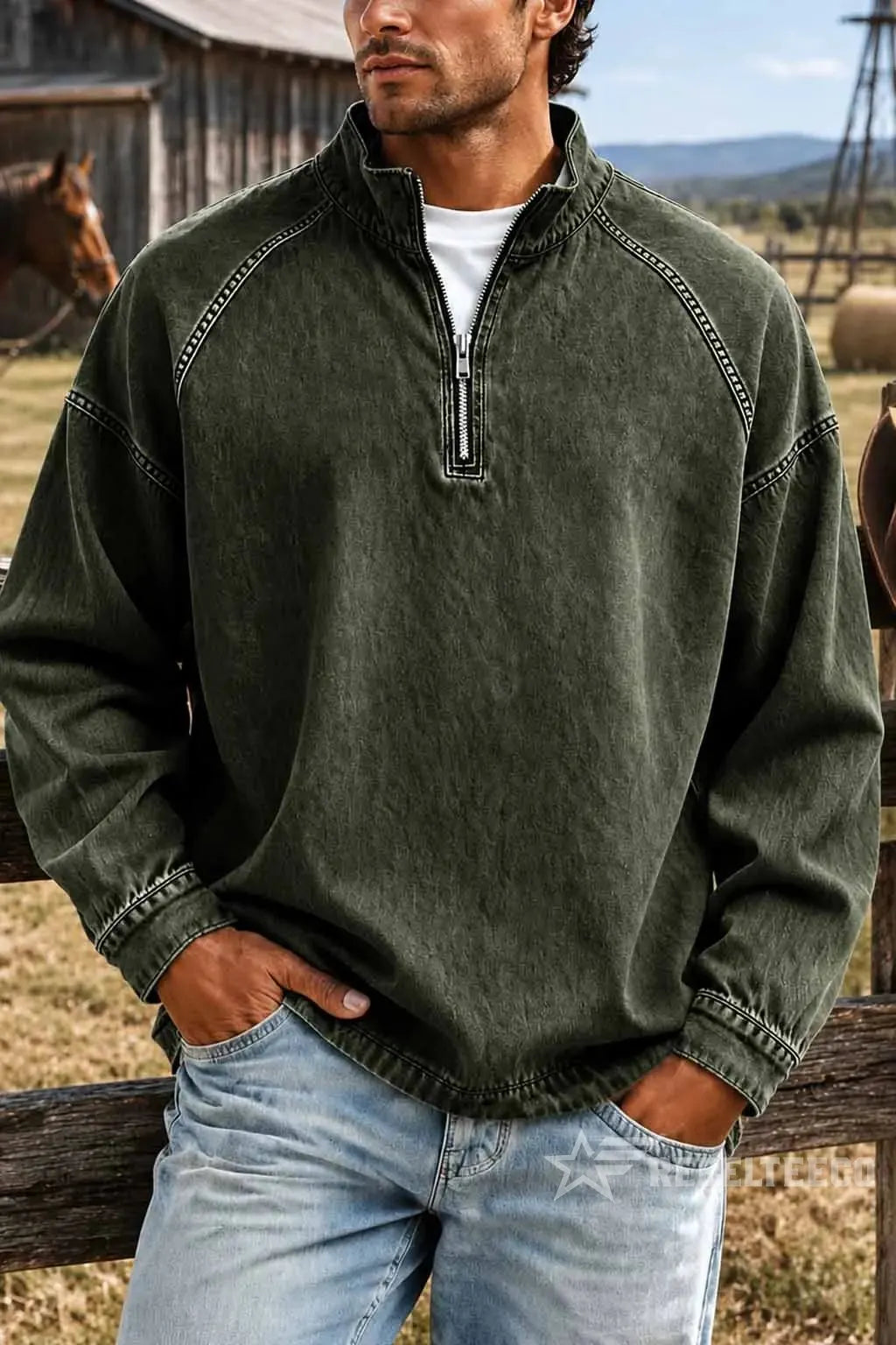 Men's Solid-Color Distressed Half-Zip Sweatshirt