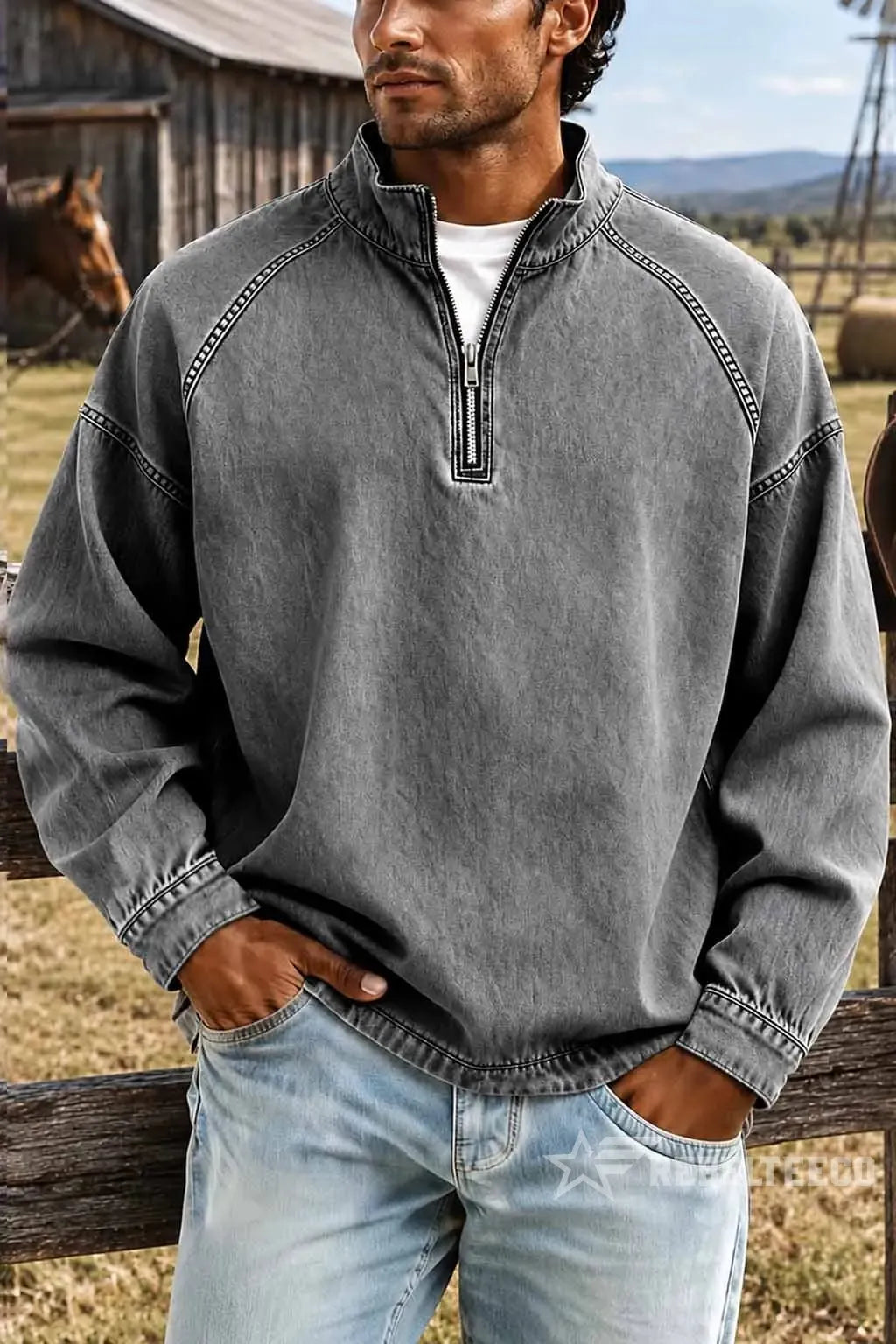 Men's Solid-Color Distressed Half-Zip Sweatshirt