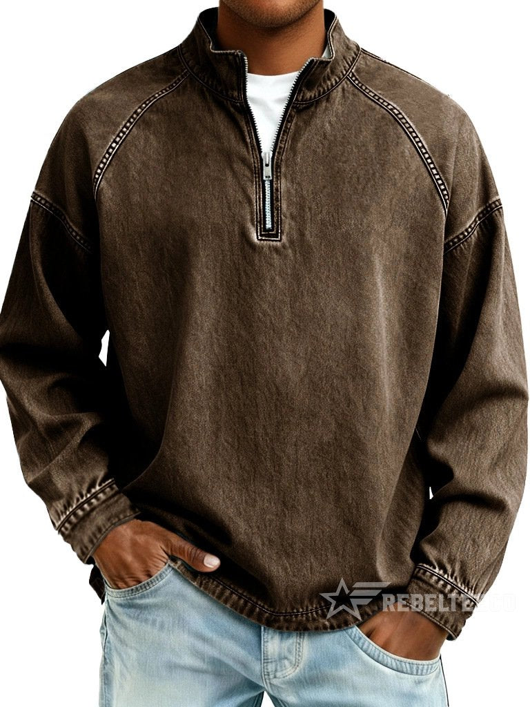 Men's Solid-Color Distressed Half-Zip Sweatshirt