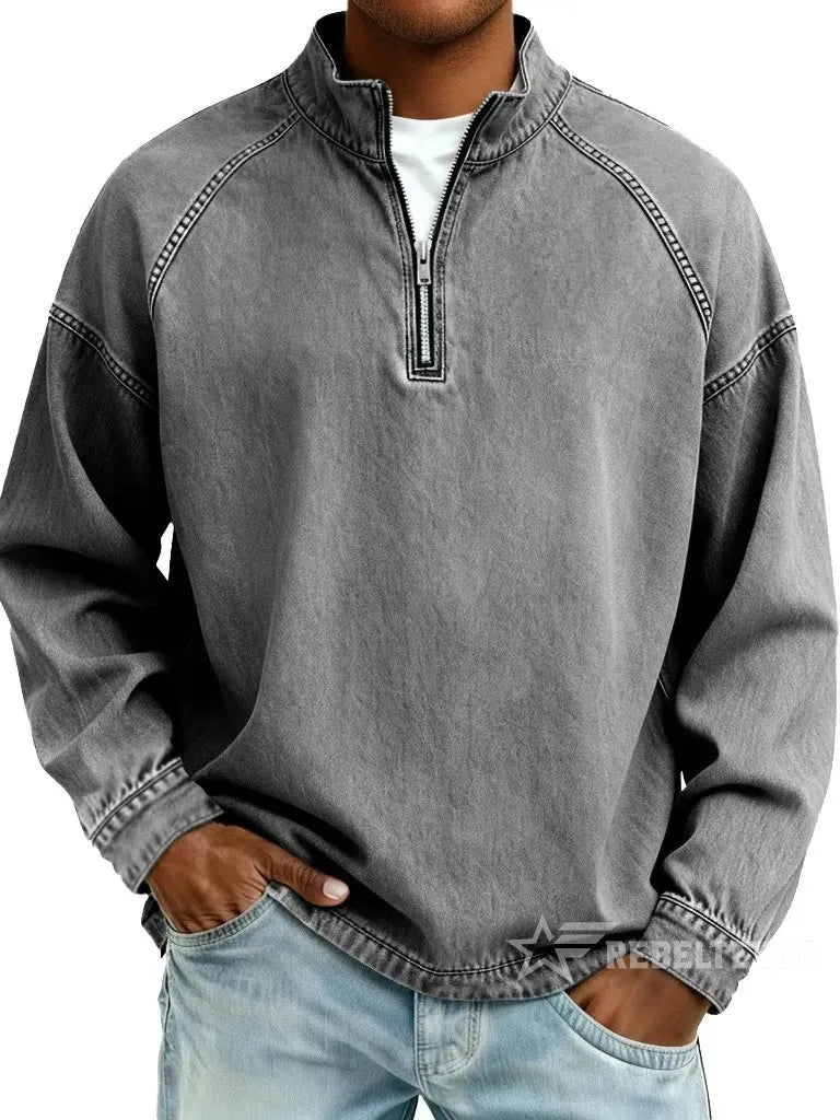 Men's Solid-Color Distressed Half-Zip Sweatshirt