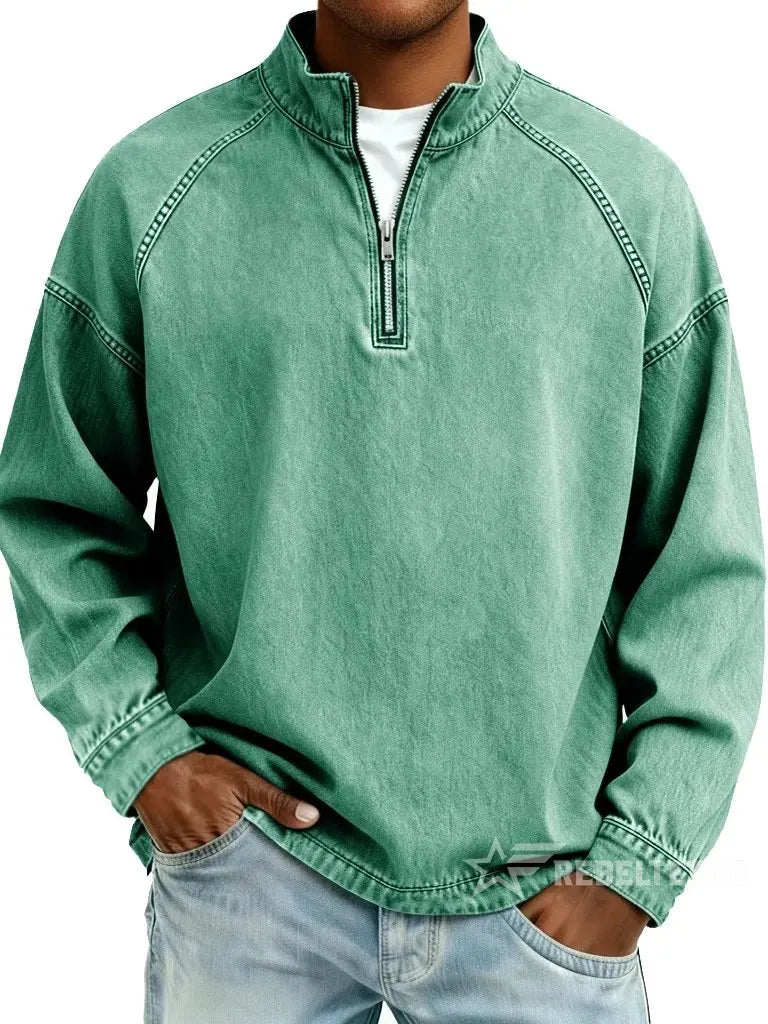 Men's Solid-Color Distressed Half-Zip Sweatshirt