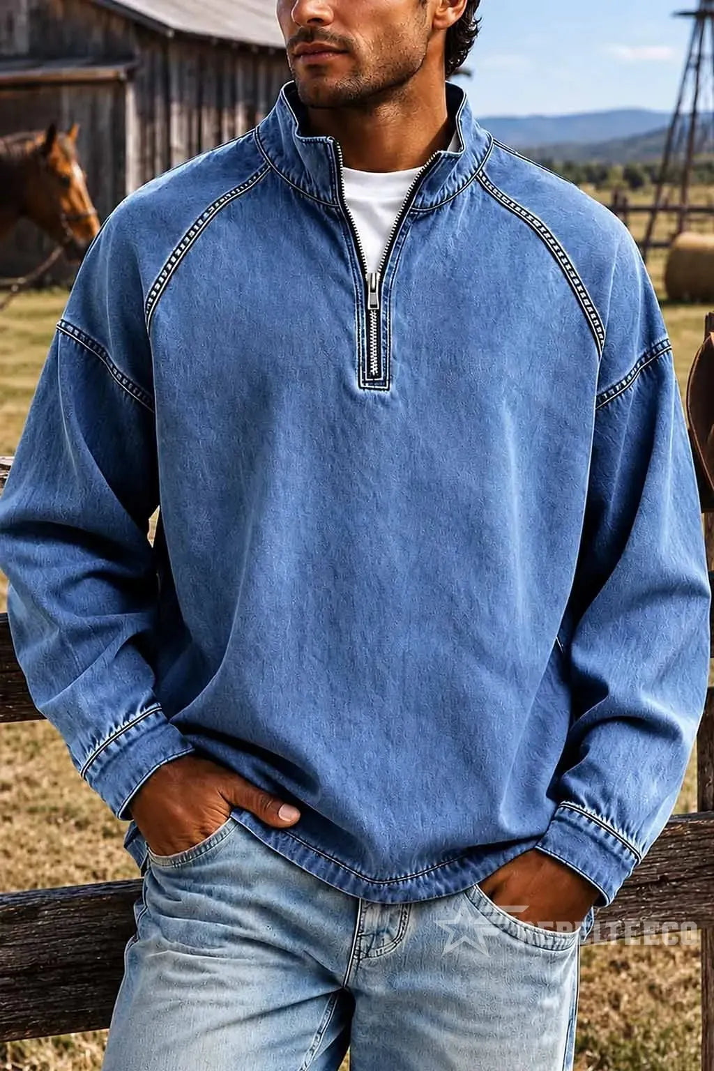Men's Solid-Color Distressed Half-Zip Sweatshirt