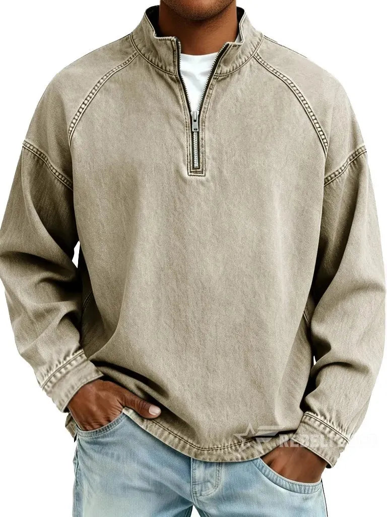 Men's Solid-Color Distressed Half-Zip Sweatshirt