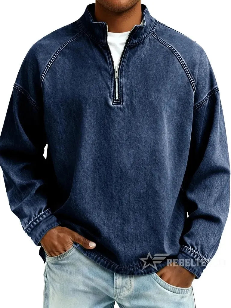 Men's Solid-Color Distressed Half-Zip Sweatshirt